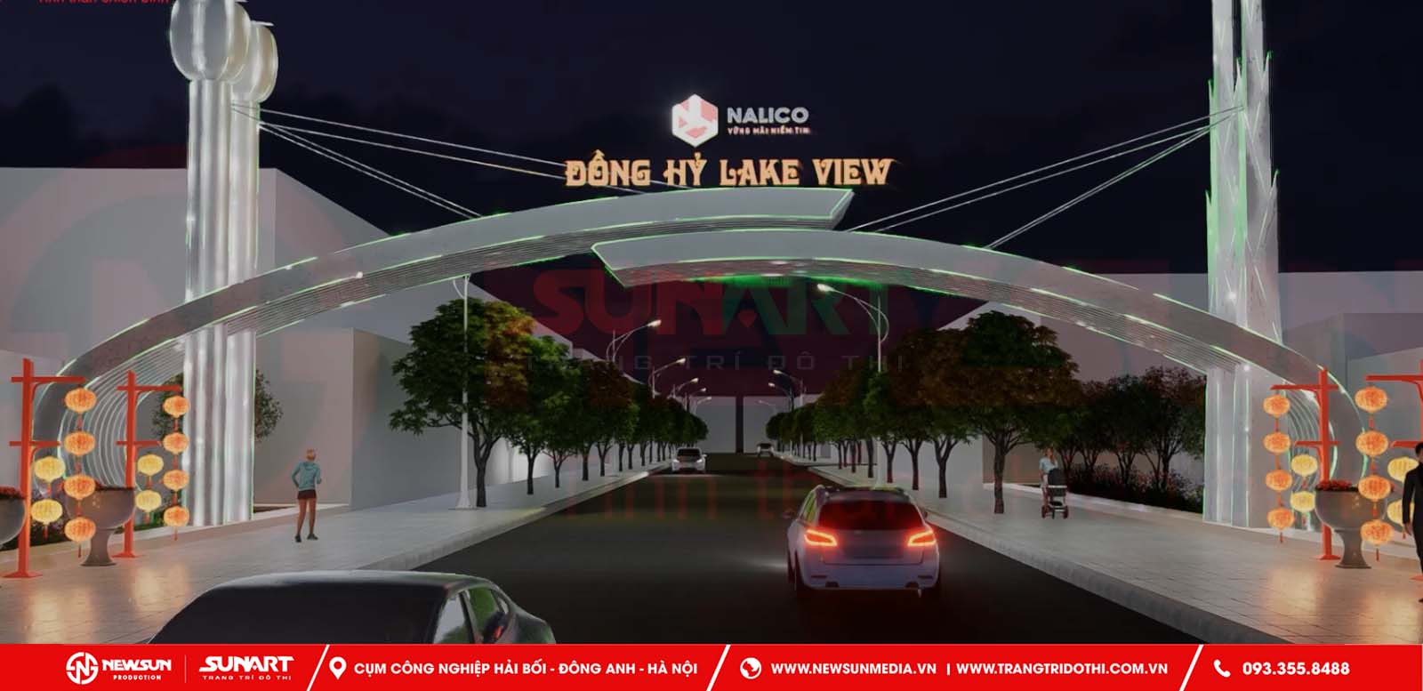 Cổng chào trang trí đường phố với logo thành phố