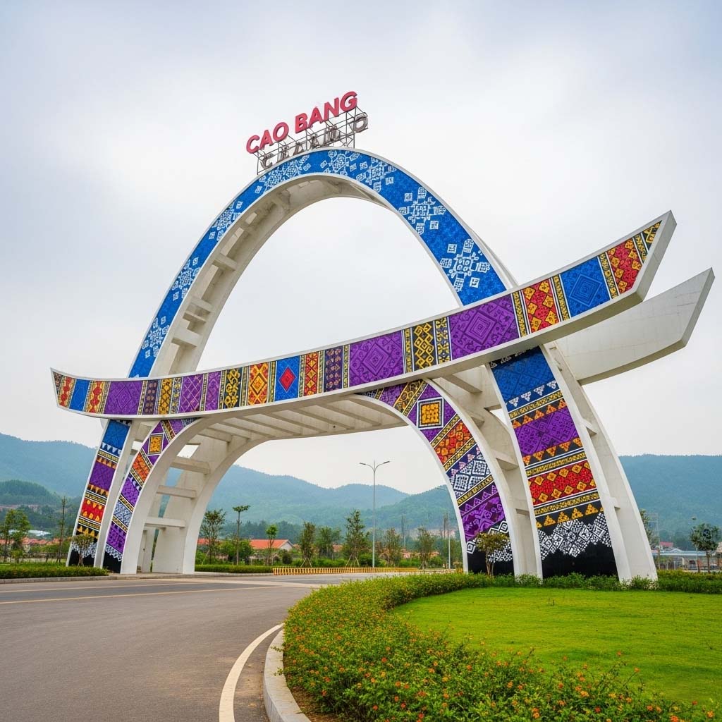 Thiết kế cổng chào Cao Bằng với hoa văn thổ cẩm
