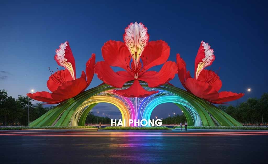 Thiết kế cổng chào Hải Phòng với biểu tượng hoa phượng đỏ