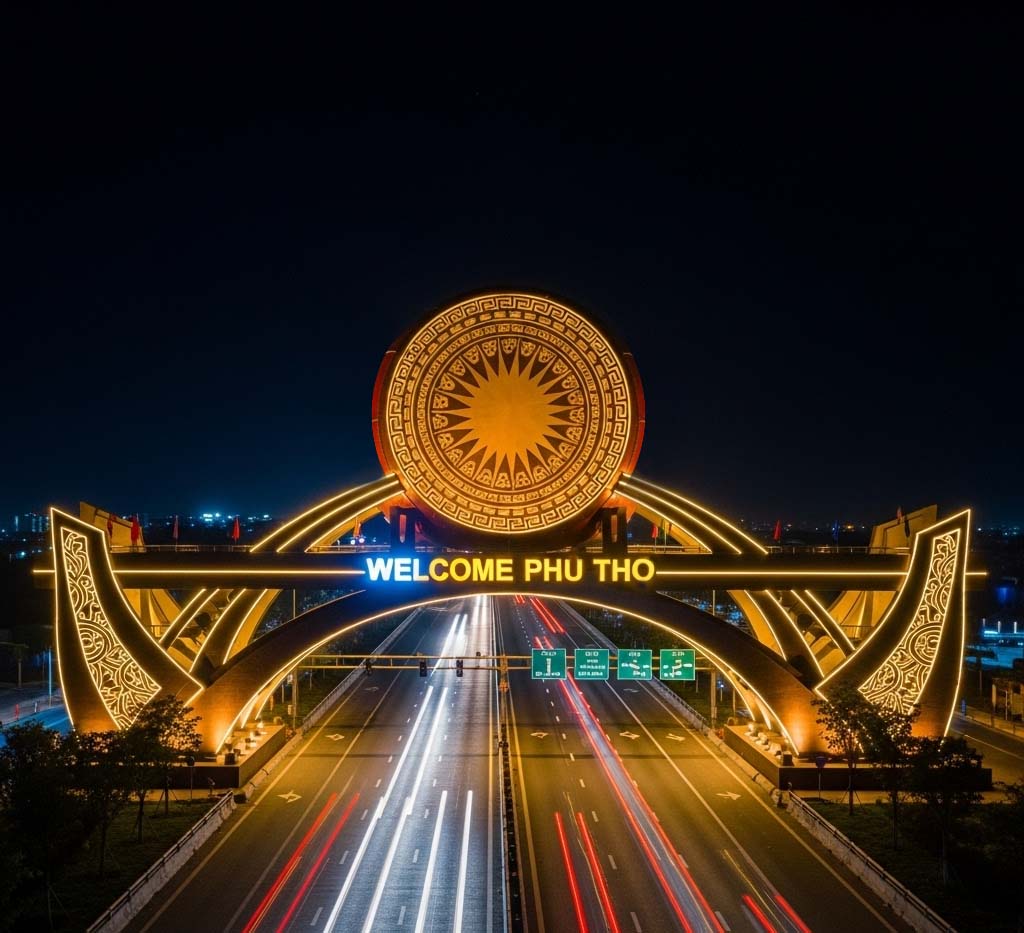 Thiết kế cổng chào Phú Thọ với biểu tượng trống đồng Đông Sơn