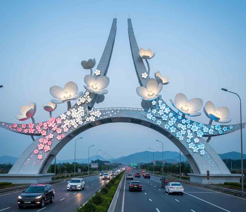Thiết kế cổng chào Sơn La với biểu tượng hoa ban trắng