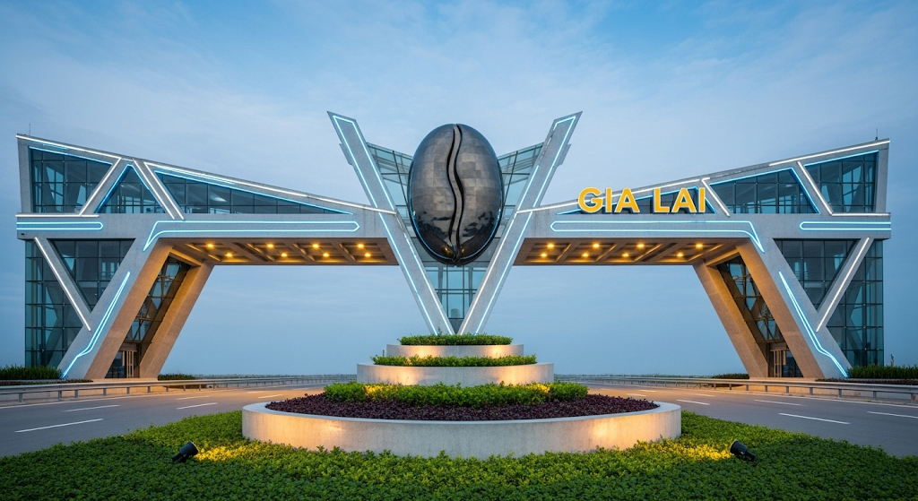 Thiết kế cổng chào Gia Lai với biểu tượng hạt cà phê