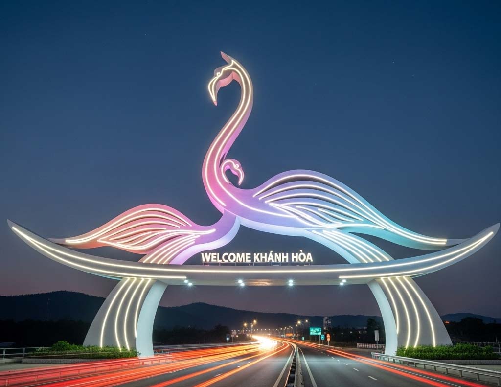 Thiết kế cổng chào Khánh Hòa với biểu tượng chim Hồng hạc