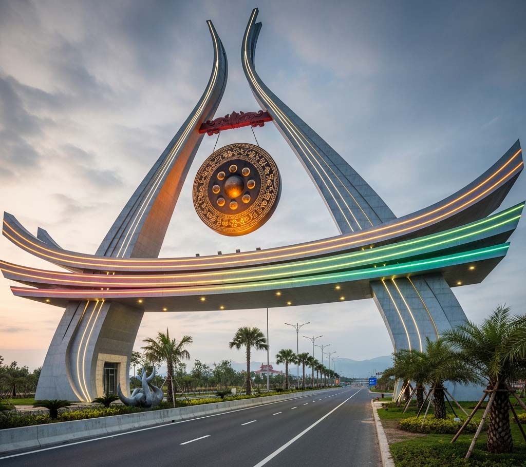 Thiết kế cổng chào Lâm Đồng với biểu tượng cồng chiêng Tây Nguyên